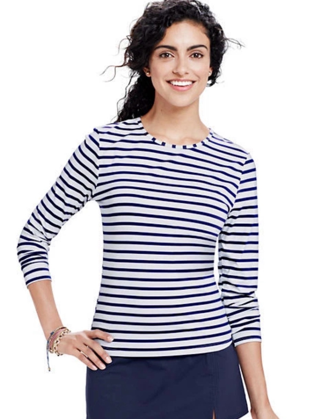 Lands’ End UPF 50 Swim Tee Rash Guard White Navy Stripe Women’s Small (6-8)